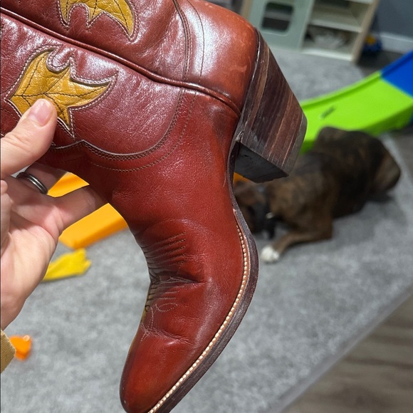 Dan Post Red Leather Heeled Boots with Yellow and Cream Accents - Picture 6 of 11